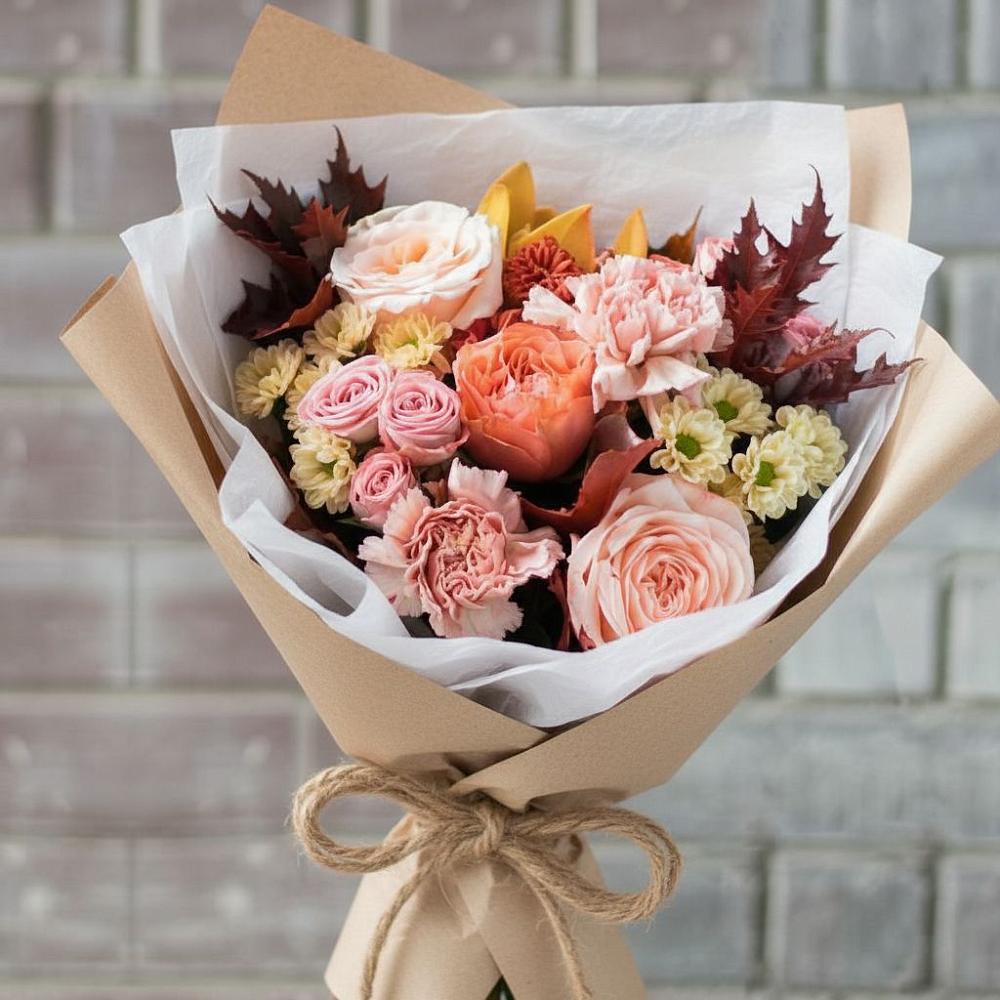 Букет осеннее настроение в Междуреченске Букет цветов из: Гвоздики, Хризантемы и Розы в Междуреченске