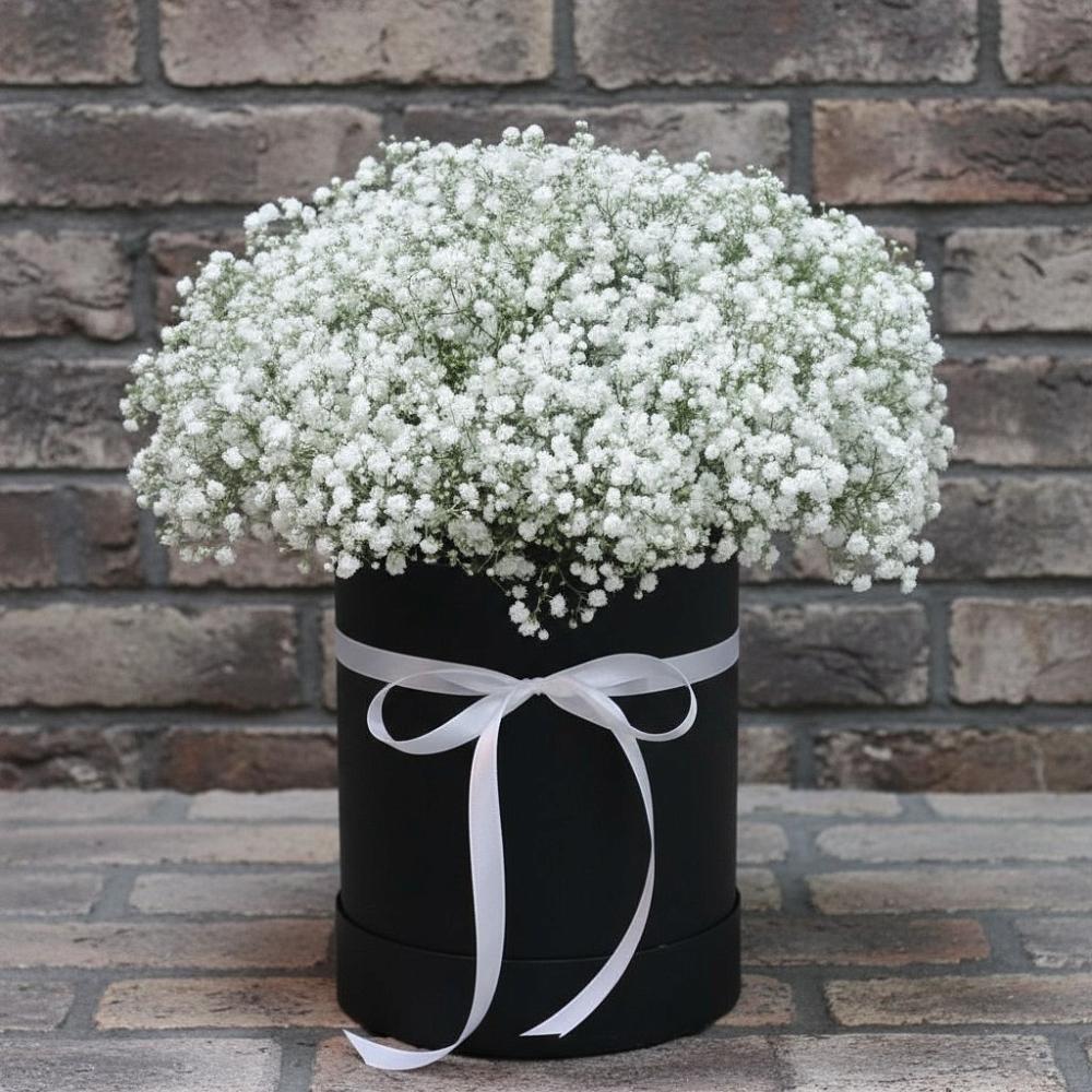 Композиция коробка гипсофил в Междуреченске Цветочная композиция из Гипсофила в шляпной коробке в Междуреченске