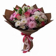 Букет Розовое очарование в Междуреченске Букет цветов из:  Хризантемы, Альстромерии и Розы в Междуреченске