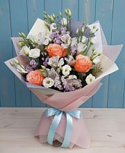 Букет Утренняя свежесть в Междуреченске Букет цветов из:  Лизиантусы, Розы, Альстромерии и Гипсофила в Междуреченске