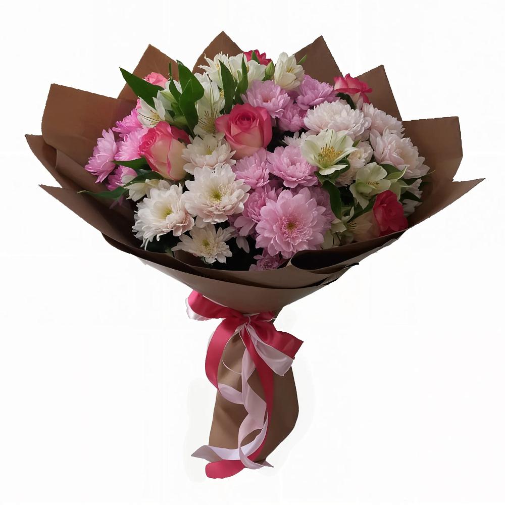 Букет Розовое очарование в Междуреченске Букет цветов из: Хризантемы, Альстромерии и Розы в Междуреченске